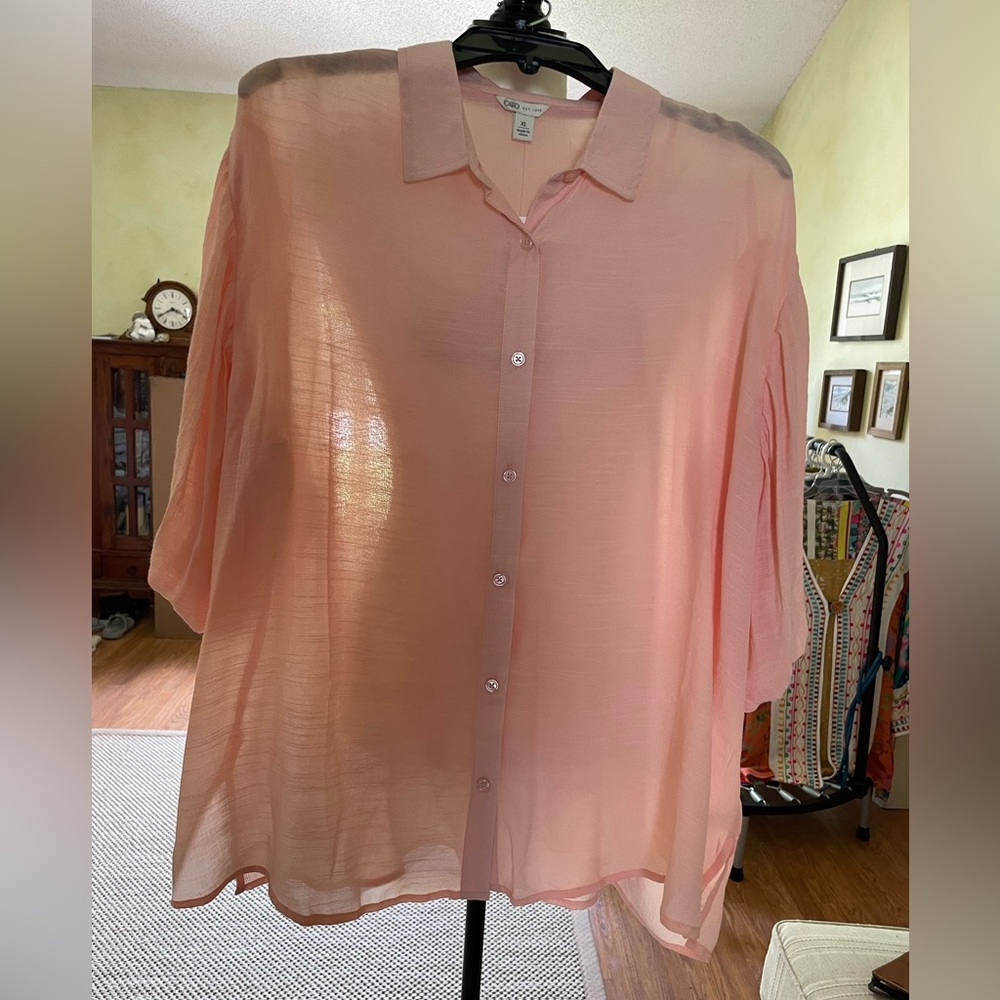 Sheer Peach Button-Up Blouse NWT size xl
